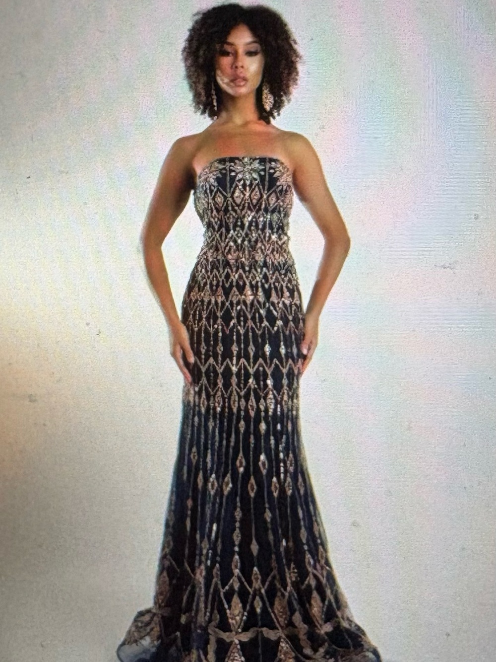 Strapless Black Evening Gown with Gold Sequin Pattern